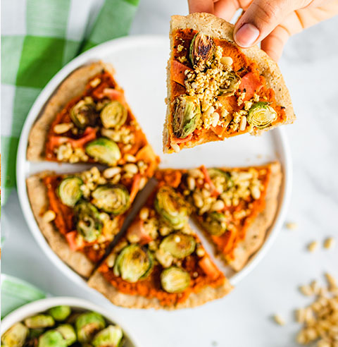 Pumpkin Sauce Pizza with Roasted Brussel Sprouts made with Almond Flour Pizza Dough Mix Recipe