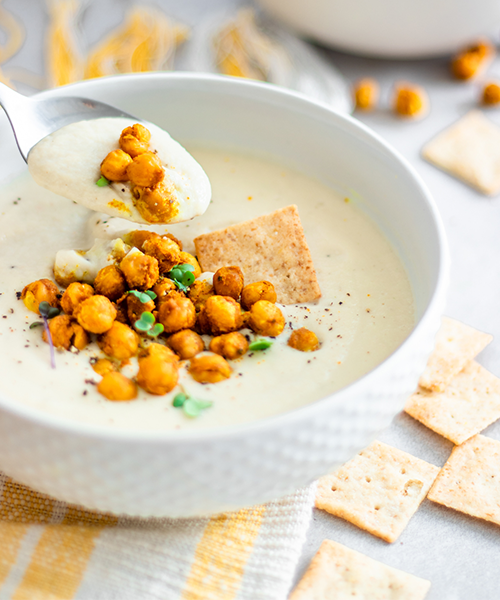 Cauliflower Cashew Soup with Roasted Turmeric Chickpeas made with Fine Ground Sea Salt Almond Flour Crackers Recipe