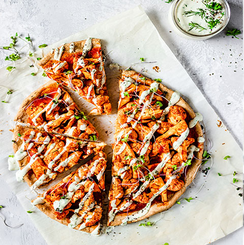Buffalo Cauliflower Pizza w/ Ranch Sauce made with Pizza Dough Mix Recipe