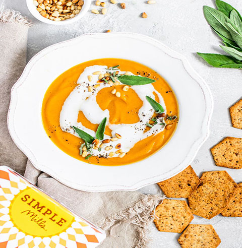 Butternut Squash Soup with Toasted Pine Nuts and Sage served with Sprouted Seed Crackers Recipe