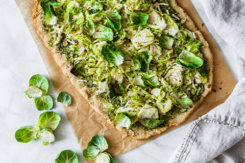 Pesto & Brussel Sprout Pizza made with Almond Flour Pizza Dough Mix Recipe