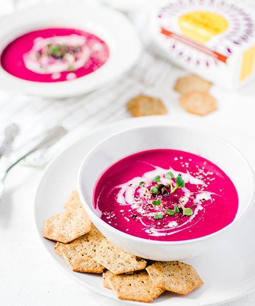 Beet Ginger & Coconut Milk Soup served with Sprouted Seed Crackers Garlic & Herb Recipe