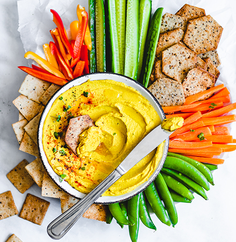 Vegan Turmeric Sunshine Hummus served with Almond Flour Crackers Fine Ground Sea Salt Recipe