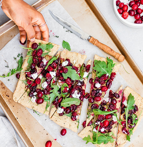 Roasted Cranberry and Goat Cheese Flatbread made with Almond Flour Pizza Dough Mix Recipe 