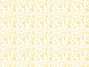 Illustration of various baking good and tools in yellow outline on off white background