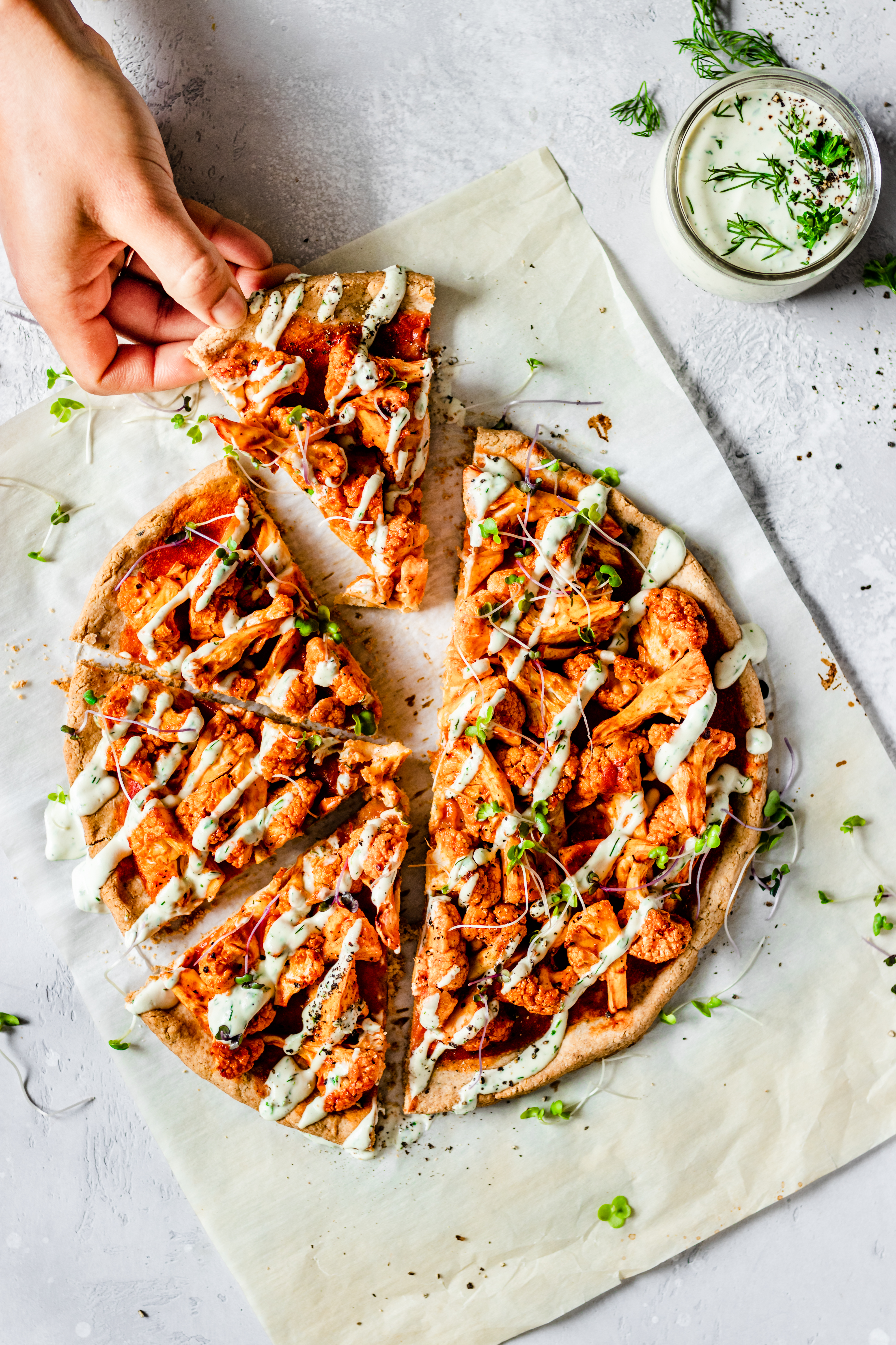 Buffalo-Pizza-5-(1).jpg Buffalo Cauliflower Pizza w/ Ranch Sauce made with Almond Flour Baking Mix Pizza Dough