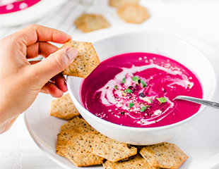 BEET-(1).jpg Beet soup being served with Sprouted Seed Crackers