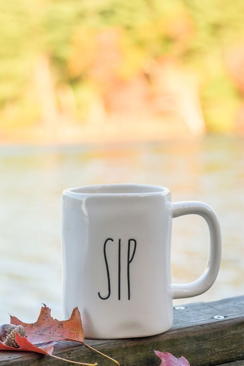 White coffee mug with the SIP in black writing. 