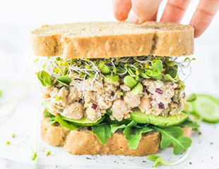 Sprouted Chickpea Salad Sandwich made with almond flour baking mix artisan bread 