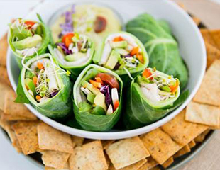 wrap.jpg Turkey tomato collard green wraps served with Almond Flour Crackers rosemary & sea salt
