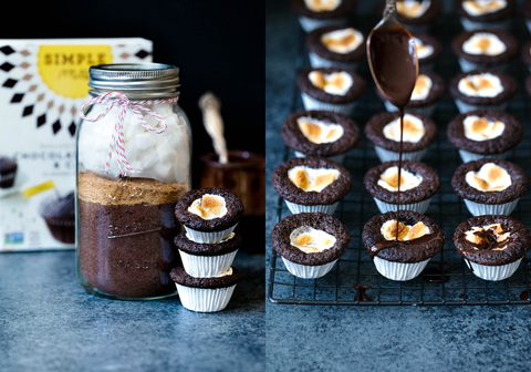 Warming rack with rows of Grain Free Hot Cocoa Brownie Bites with spoon drizzling chocolate