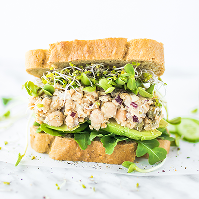 Sprouted Chickpea Salad Sandwich made with almond flour baking mix artisan bread