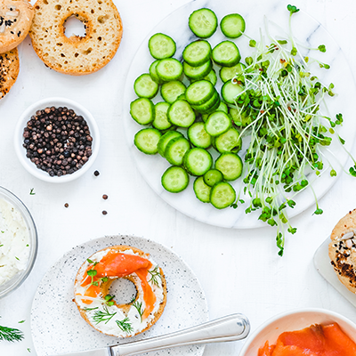 Water crest, sliced cucumbers served as bagel toppings