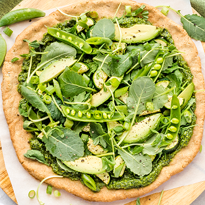 Green Goddess Pizza made with Almond Flour Baking Mix Pizza Dough