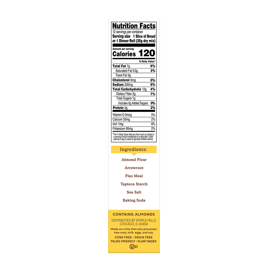 Almond Flour Baking Mix Artisan Bread Nutrition Facts and Ingredients. Box side panel 
