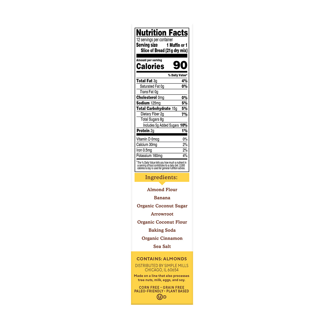 Almond Flour Baking Mix Banana Muffin & Bread Nutrition Facts and Ingredients. Box side panel