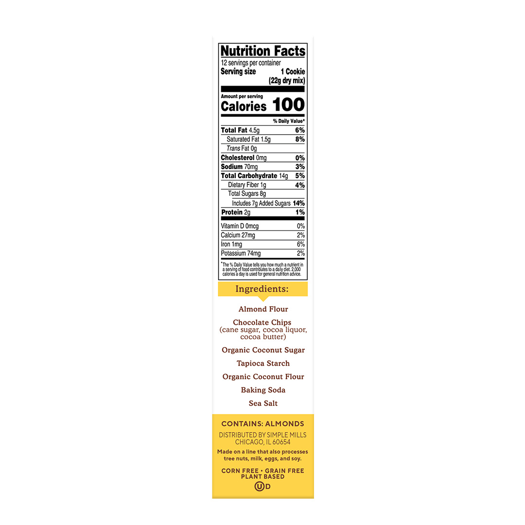 Almond Flour Baking Mix Chocolate Chip Cookie Nutrition facts and ingredients. Box side panel 