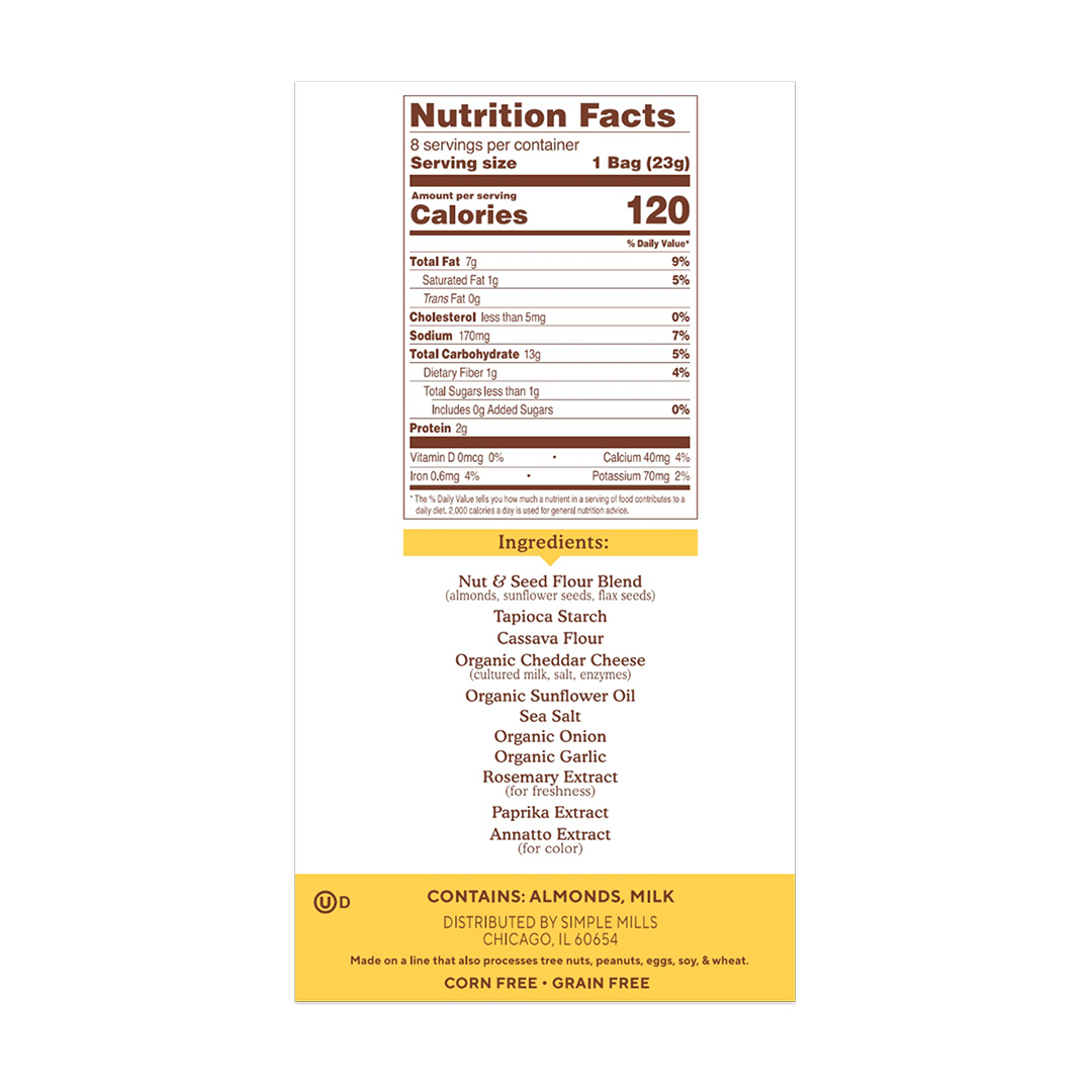 Almond Flour Cracker Snack Pack Farmhouse Cheddar Nutrition facts and Ingredients box side panel 
