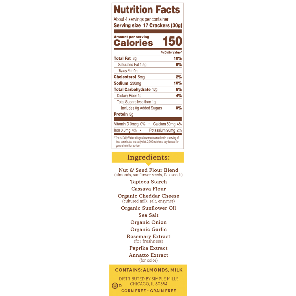 Almond Flour Crackers Farmhouse Cheddar Nutrition Facts and Ingredients. Box side panel 

