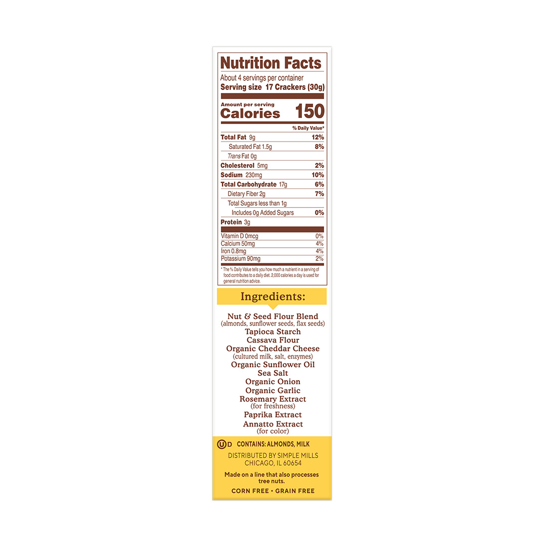 Almond Flour Crackers Farmhouse Cheddar Nutrition Facts and Ingredients. Box side panel 
