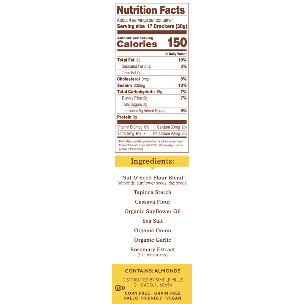 Almond Flour Crackers Fine Ground Sea Salt Nutrition facts and Ingredients box side panel 
