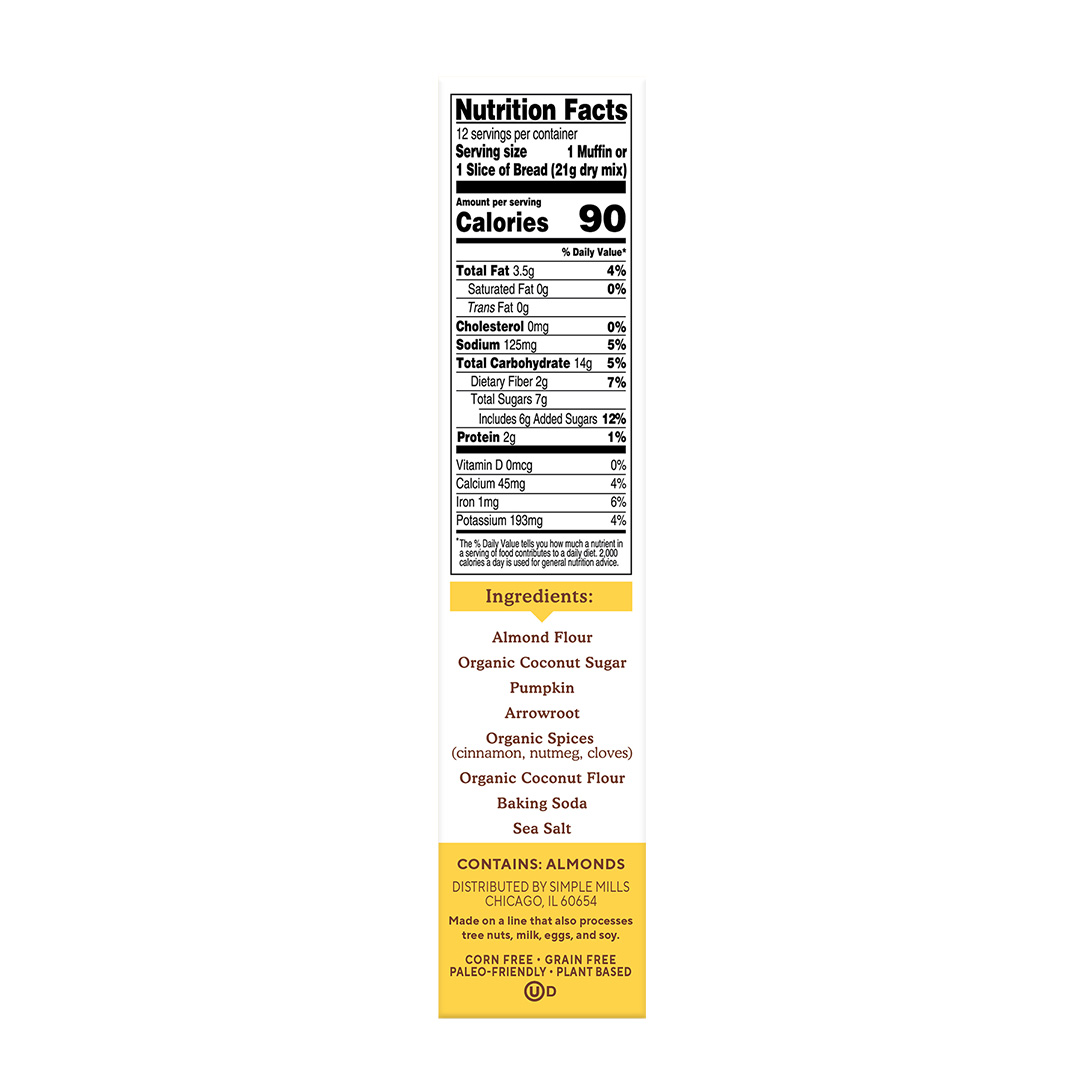Almond Flour Baking Mix Pumpkin Muffin & Bread Nutrition facts and ingredients. Box side panel 
