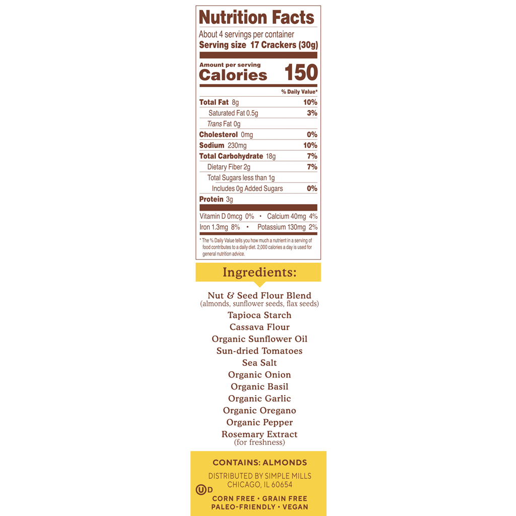 Almond Flour Crackers Sun-Dried Tomato and Basil Nutrition facts ingredients box side panel 
