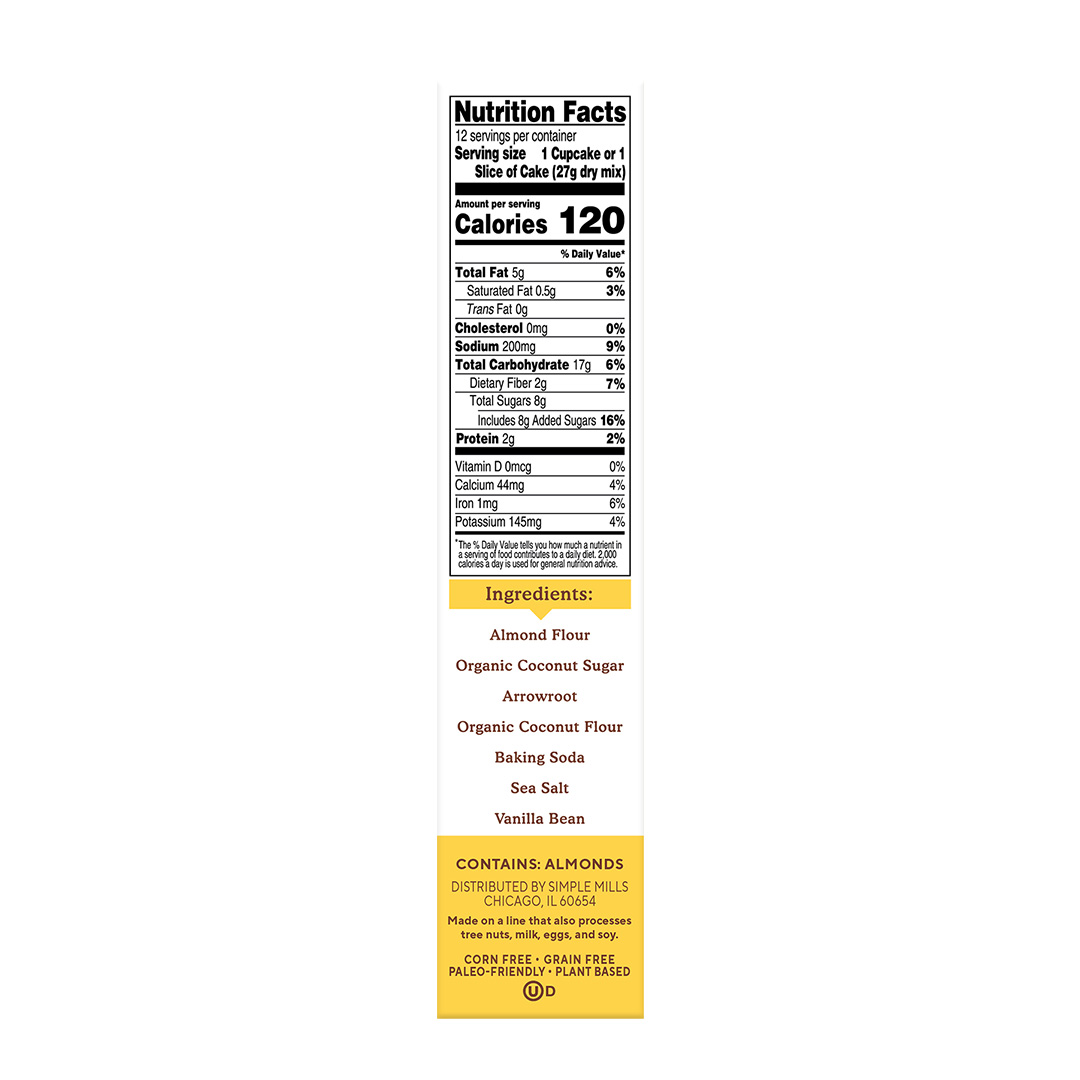 Almond Flour Baking Mix Vanilla Cupcake and Cake Nutrition facts and ingredients. Box side panel