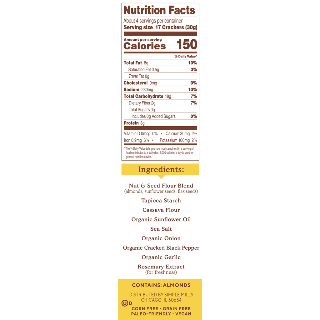 Almond Flour Crackers Cracked Black Pepper Nutrition facts and ingredients. Box side panel 