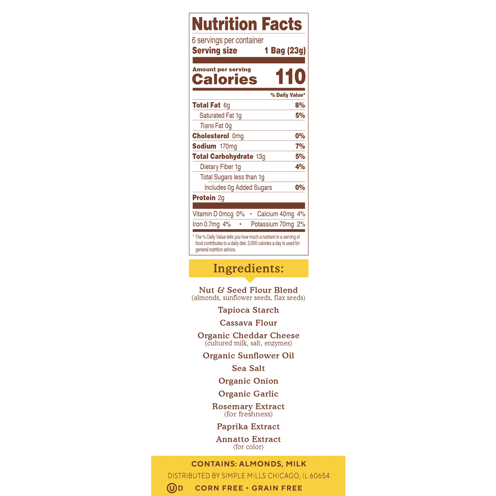 Almond Flour Cracker Snack Pack Farmhouse Cheddar Nutrition facts and Ingredients box side panel 
