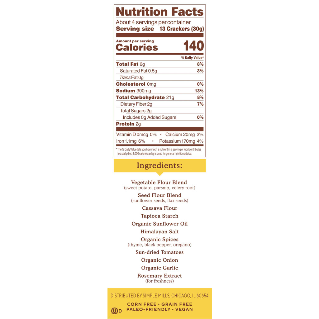 Mediterranean Herb Veggie Pita Crackers Nutrition facts and ingredients. Box side panel